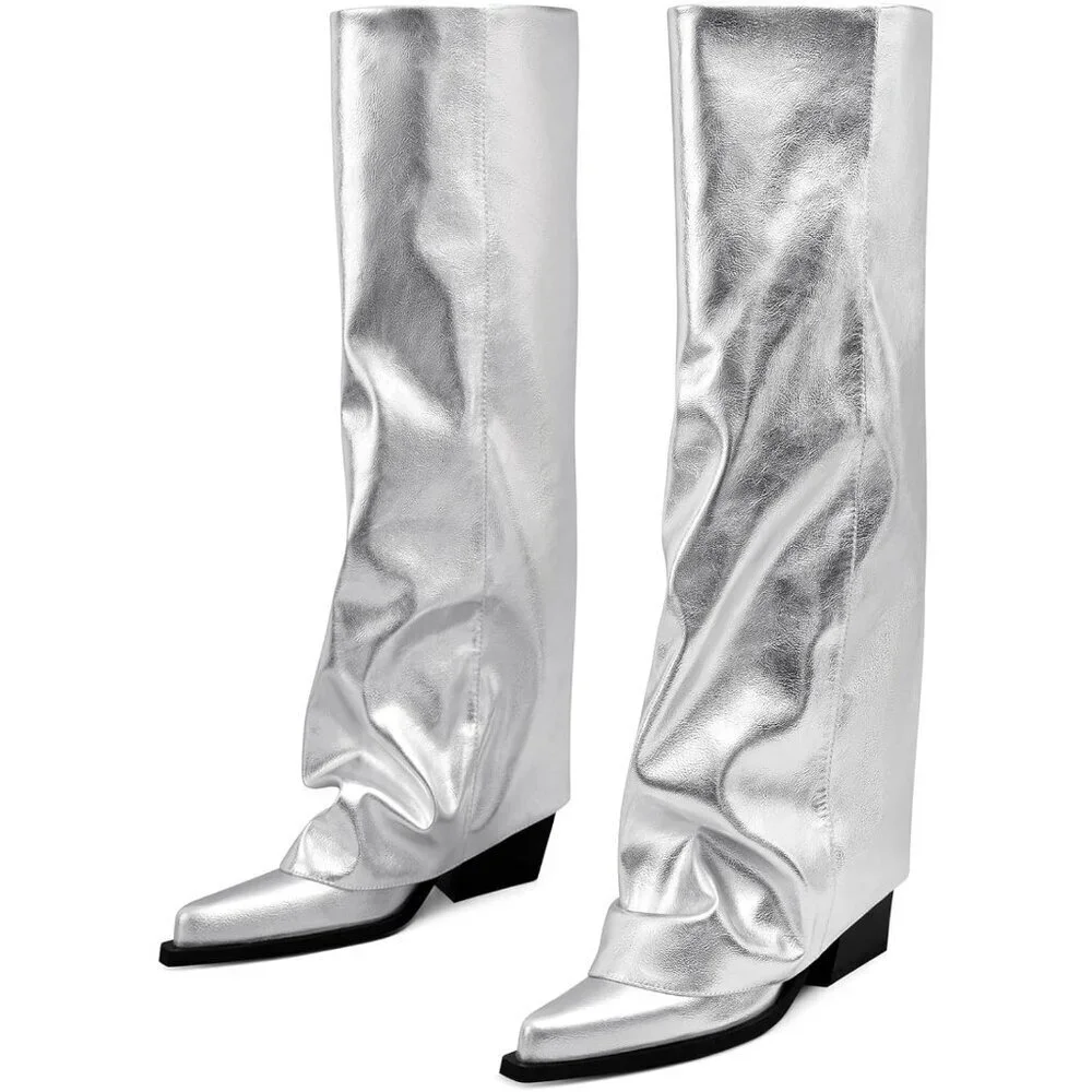 Women Silver Wide Calf Slouchy Shark Pointed Toe Fold Over Knee High Tall Boots